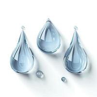 Three transparent water droplets on a white surface, capturing light beautifully. photo