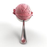 A close-up of a round scoop of delicious pink raspberry ice cream on a silver ice cream scooper. photo