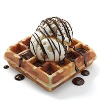 Delicious vanilla ice cream on a golden waffle, drizzled with rich chocolate sauce. photo