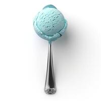 A perfectly round scoop of blue ice cream elegantly sits on a vintage silver spoon, evoking a sense of indulgence. photo