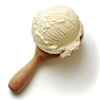 A delightful scoop of creamy vanilla ice cream on a wooden spoon, ready to be enjoyed. photo