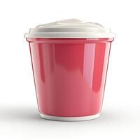 A vibrant pink take-out cup with a white lid, ideal for beverages or desserts, showcasing a sleek and modern design. photo