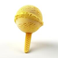 A vibrant yellow ice cream scoop mounted on a waffle cone stick, showcasing delicious texture and inviting color. photo