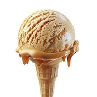 A delicious caramel ice cream cone with a perfectly rounded scoop, dripping slightly under soft lighting. photo