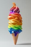 A vibrant rainbow swirl ice cream cone with colorful layers of creamy goodness against a light background. photo