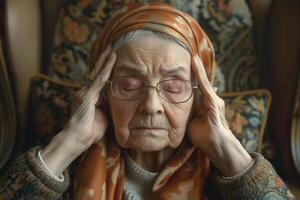 An elderly woman of Eastern European descent with gray hair, lost in thought, wearing glasses and a patterned headscarf, conveys deep contemplation. photo