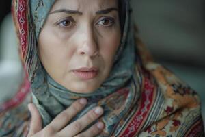 A middle-aged Middle Eastern woman in a colorful scarf looks worried, depicting deep emotion and introspection. photo