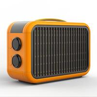 A vibrant orange retro-style heater, featuring a sleek design with black accents and two control knobs. photo