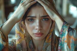 A young Middle-Eastern woman in a colorful scarf looks distressed, her hands on her forehead, captured in a soft, intimate setting. photo