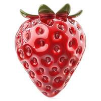 A vibrant, glossy red strawberry with deep green leaves, showcasing its plump, textured surface and distinct seeds. photo