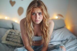A young Caucasian woman with long, wavy blonde hair sits on a bed with a serious expression, surrounded by soft, warm lighting. photo