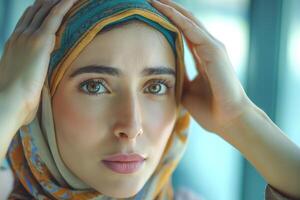 Close-up of a woman with a hijab, expressing concern with her hands on her head and captivating green eyes. photo