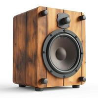 A rustic wooden speaker with a sleek design, perfect for enhancing any home audio setup. photo
