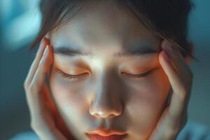 A close-up of a young Asian woman with closed eyes, expressing calmness and introspection. photo