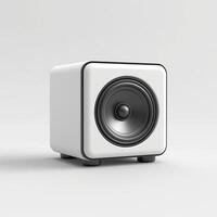 Minimalist white speaker with a sleek design, highlighting its circular speaker grille and compact form. photo