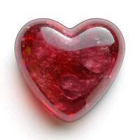 A glossy, red heart-shaped gelatin candy with a vibrant texture, evoking feelings of love and sweetness. photo