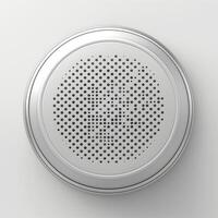A modern, circular speaker grille featuring a sleek, metallic finish against a minimalistic background. photo