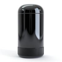 Sleek black cylindrical speaker design with a glossy finish, showcasing modern aesthetic and minimalistic style. photo