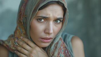 A young Middle-Eastern woman with a headscarf looks concerned and contemplative, set against a softly blurred background. photo