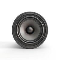 Close-up of a modern speaker, showcasing its sleek black design and intricate detail. photo