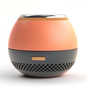 A stylish and modern sound speaker, featuring a round design with a combination of coral and dark gray colors. photo