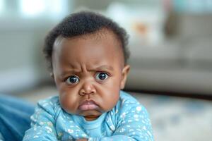 An adorable African American baby with a serious expression, wearing a blue patterned onesie, sitting indoors on a soft carpet. photo