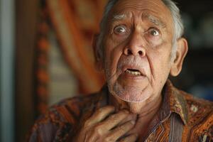 An elderly Hispanic man appears shocked and distressed, showcasing deep wrinkles and a concerned expression in his home environment. photo