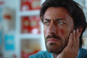 A concerned Middle-Eastern man with stubble touches his face, showcasing a worried expression, in a softly colored indoor setting. photo