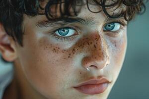 A close-up portrait of a young Caucasian boy with curly hair, striking blue eyes, and freckles, conveying innocence and curiosity. photo