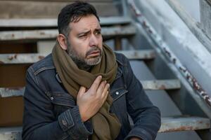 A contemplative Hispanic man in a denim jacket and scarf sitting on stairs, reflecting on life's challenges. photo