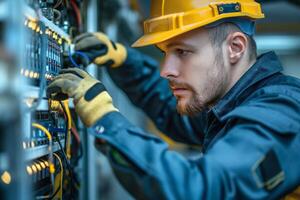 A focused young Caucasian male technician in a yellow helmet works on a control panel with colorful wires. photo