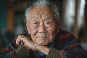 An elderly Asian man with gray hair and deep wrinkles, seated and looking directly at the camera with a calm expression. photo