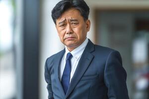 A mature Asian man in a suit with a contemplative expression, reflecting on a recent decision at the workplace. photo