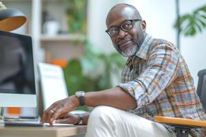 A middle-aged Black man with glasses, smiling confidently while working at his desk in a bright, modern office setting. photo