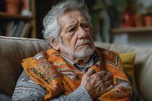 An elderly Hispanic man with gray hair sits thoughtfully on a couch, wearing a colorful sweater, reflecting deep emotions. photo