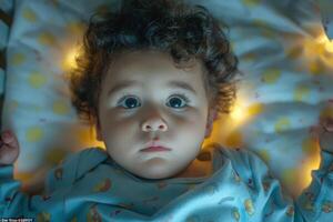 Close-up of a curious baby boy with curly hair, gazing up at soft lights, creating a warm, dreamy atmosphere. photo