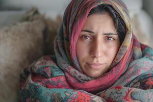 A contemplative Middle-Eastern woman wrapped in a colorful scarf, exuding warmth and introspection. photo