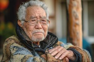 An elderly Asian man with gray hair and glasses gazes reflectively, wearing a cozy patterned sweater in a warm, inviting setting. photo