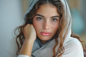 A young woman with long, curly hair and a soft expression, wrapped in a light gray scarf, gazes thoughtfully into the camera. photo