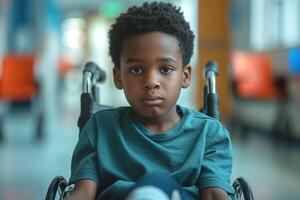A thoughtful African American boy in a wheelchair, conveying resilience in a hospital setting. photo