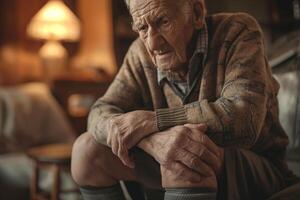 An elderly Caucasian man sits thoughtfully on a couch, bathed in warm light. His expression reflects wisdom and contemplation. photo