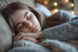 A serene young Caucasian girl peacefully sleeping on a cozy couch, wrapped in a soft knitted blanket, surrounded by warm, glowing lights. photo