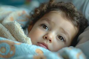 A close-up of a serene toddler with curly hair, wrapped in a soft blanket, gazing thoughtfully with big brown eyes. photo