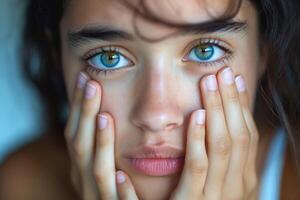 A young girl of Hispanic descent with striking green eyes, showing a contemplative expression as she rests her hands on her face. photo