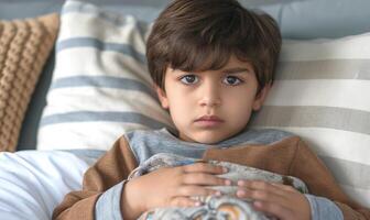 A young boy with dark hair and brown eyes, looking contemplative while resting in bed, surrounded by cozy cushions. photo