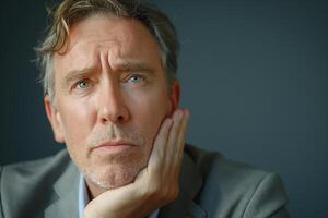 A thoughtful middle-aged Caucasian man with blue eyes resting his chin on his hand, deep in contemplation against a neutral background. photo