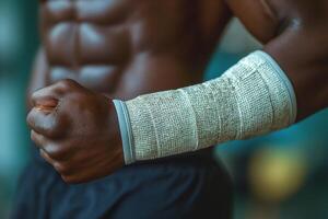 A muscular Black male athlete shows a wrapped arm, highlighting strength and determination in a gym setting. photo