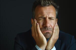 A stressed middle-aged Caucasian man in a dark suit expresses frustration while resting his head in his hands against a dark background. photo