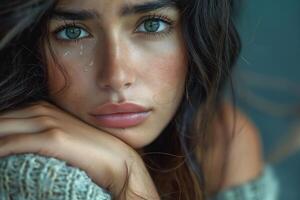 A close-up portrait of a young Caucasian woman with striking blue eyes, conveying deep emotion with a single tear rolling down her cheek. photo