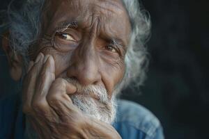 An elderly South Asian man deep in thought, showcasing intricate facial wrinkles and a contemplative expression. photo